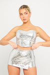 Silver Metallic Padded Corset Top & Mini Skirt Co-Ord