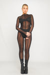 Black Sheer Mesh Seam Detail Long Sleeve Jumpsuit