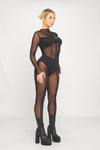 Black Sheer Mesh Seam Detail Long Sleeve Jumpsuit