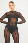 Black Sheer Mesh Seam Detail Long Sleeve Jumpsuit