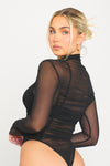 Black Sheer High Neck Ruched Long Sleeve Bodysuit