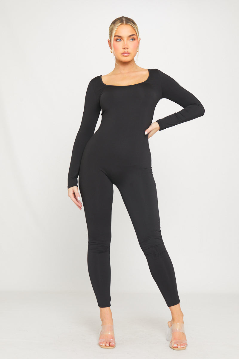 Black Slinky Scoop Neck Long Sleeve Jumpsuit