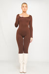 Brown Slinky Scoop Neck Long Sleeve Jumpsuit