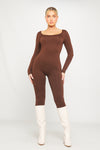 Brown Slinky Scoop Neck Long Sleeve Jumpsuit