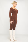 Brown Slinky Scoop Neck Long Sleeve Jumpsuit