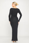 Black Ribbed Scoop Neck Plunge Long Sleeve Maxi Dress