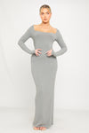 Grey Ribbed Scoop Neck Plunge Long Sleeve Maxi Dress