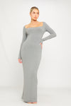 Grey Ribbed Scoop Neck Plunge Long Sleeve Maxi Dress