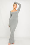 Grey Ribbed Scoop Neck Plunge Long Sleeve Maxi Dress