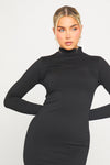 Black Ribbed Turtle Neck Long Sleeve Maxi Dress