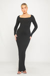 Black Ribbed Scoop Neck Long Sleeve Maxi Dress