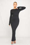 Black Ribbed Round Neck Long Sleeve Maxi Dress