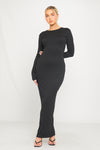 Black Ribbed Round Neck Long Sleeve Maxi Dress