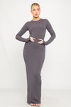 Dark Grey Ribbed Round Neck Long Sleeve Maxi Dress