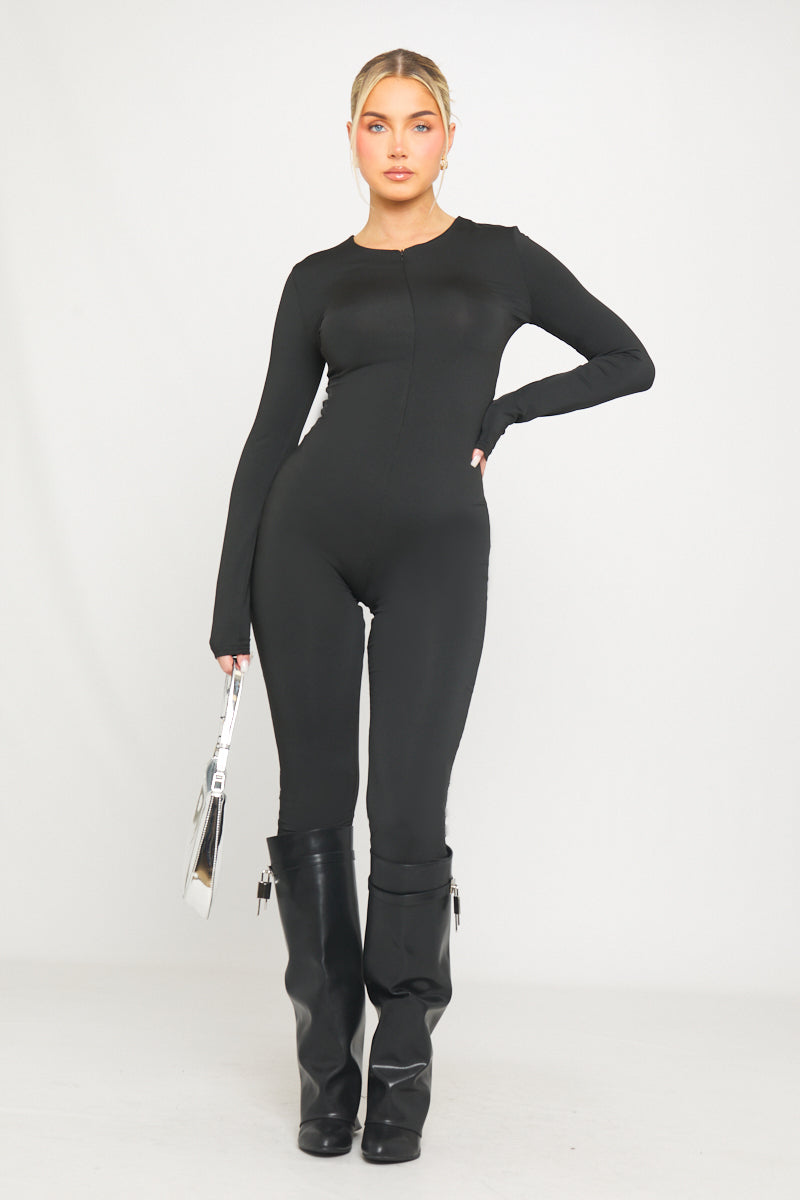 Black Slinky Zip Front Long Sleeve Jumpsuit