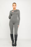 Grey Slinky Zip Front Long Sleeve Jumpsuit
