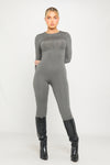 Grey Slinky Zip Front Long Sleeve Jumpsuit