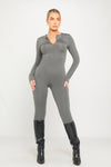 Grey Slinky Zip Front Long Sleeve Jumpsuit