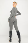 Grey Slinky Zip Front Long Sleeve Jumpsuit