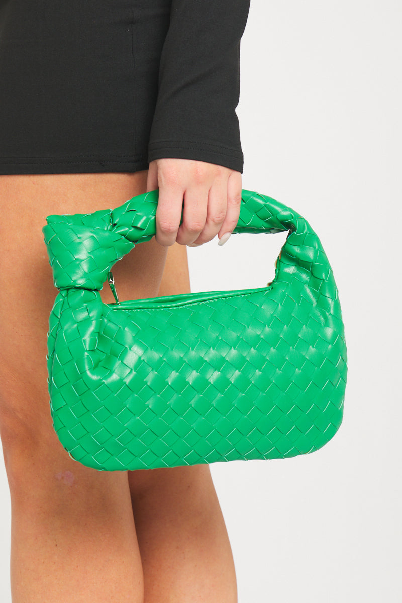 Green Faux Leather Woven Knot Top Handle Mini Bag