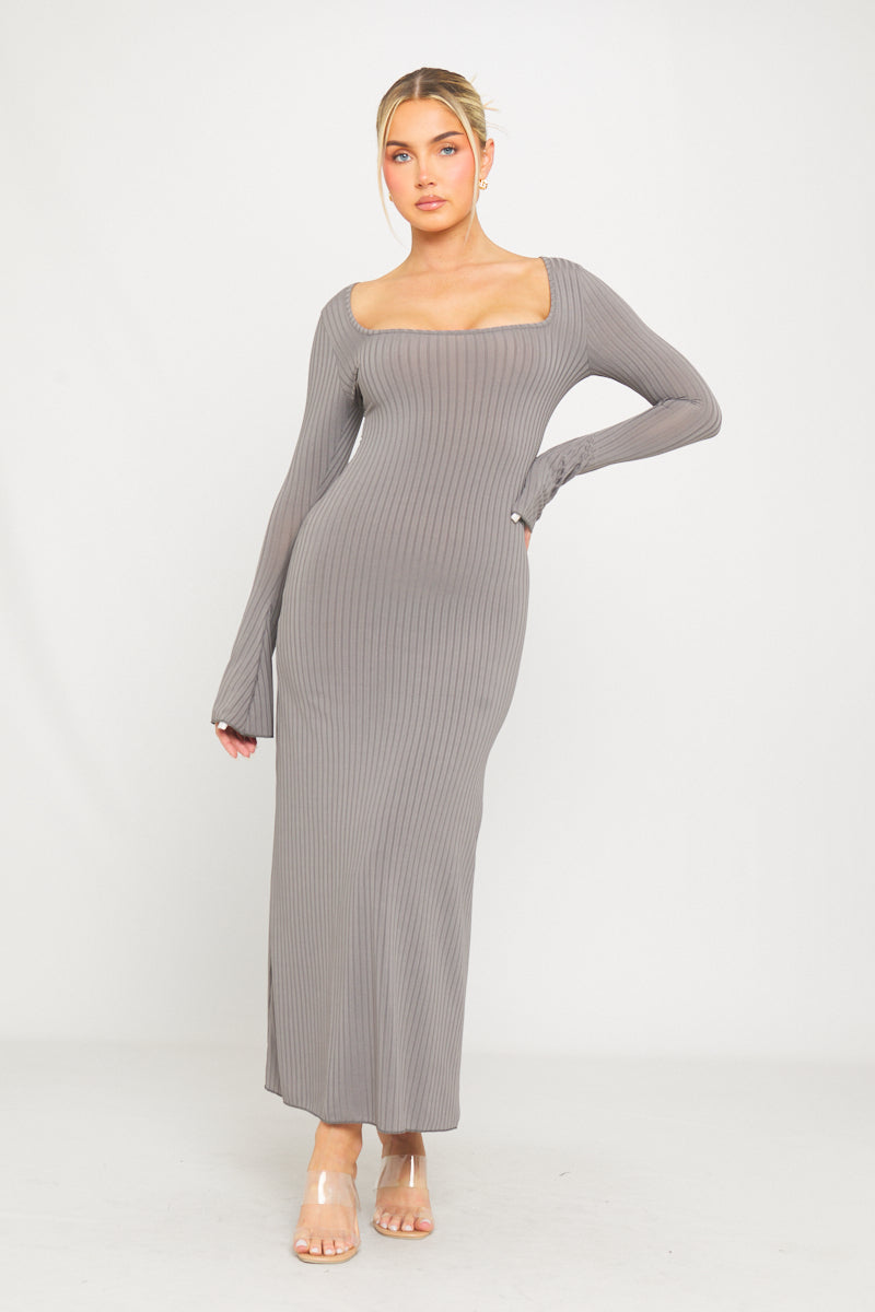 Grey Ribbed Knit Square Neck Mermaid Maxi Dress