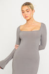 Grey Ribbed Knit Square Neck Mermaid Maxi Dress