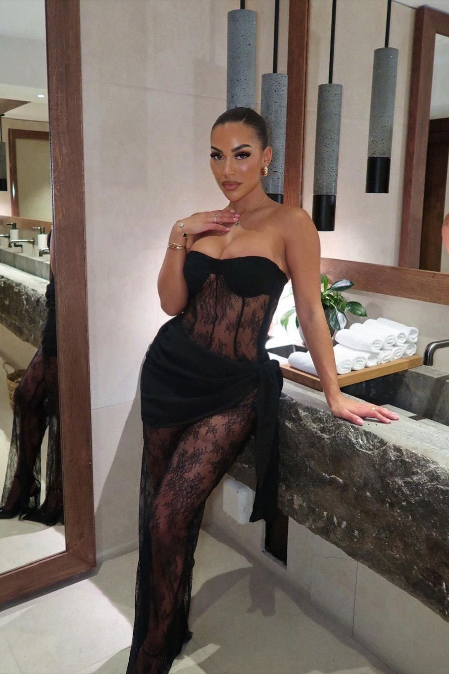 Black Sheer Lace Bandeau Bustier Knot Detail Jumpsuit