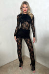 Black Lace Ruched Long Sleeve Split Hem Jumpsuit