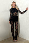 Black Lace Ruched Long Sleeve Split Hem Jumpsuit