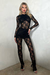 Black Lace Ruched Long Sleeve Split Hem Jumpsuit