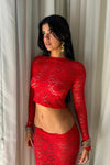 Red Sheer Lace Long Sleeve Top & Midi Skirt Co-Ord