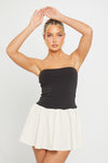 Black Contrast Strapless Bustier Pleated Mini Dress