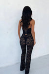 Black Lace Corset Tie Front Halter Neck Jumpsuit