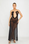 Black Mesh Cut Out Frill Ruched Maxi Dress