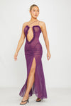 Purple Mesh Cut Out Frill Ruched Maxi Dress