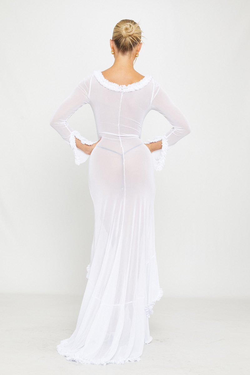 White Plunge Mesh Ruffle Ruched Cut Out Maxi Dress