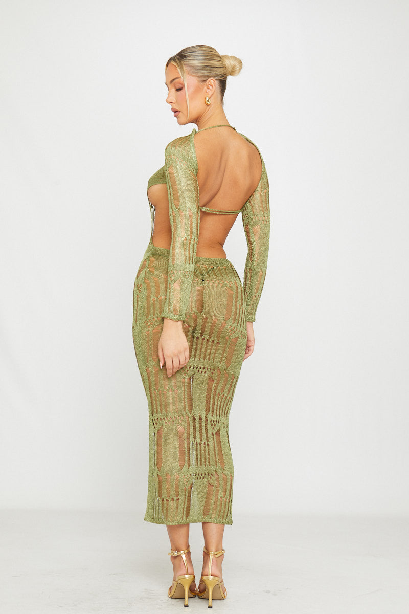 Moss Green Knit Shredded Open Back Maxi Dress