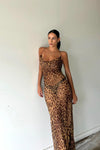 Leopard Print Sheer Cowl Neck Tie Back Maxi Dress