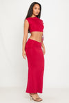 Wine One Shoulder Ruched Crop Top & Fold Over Maxi Skirt