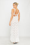 White Sheer Lace Ruffle Detail Thigh Split Maxi Dress