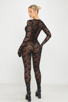 Black Sheer Lace Cut Out Jumpsuit With Gloves