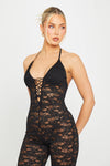 Black Sheer Lace Plunge Tie Front Flared Jumpsuit