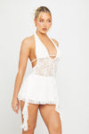 White Sheer Lace Plunge Ruffle Halter Mini Dress