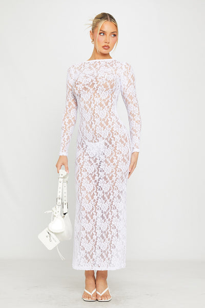fitted lace wedding dress White Sheer Lace Long Sleeve Bodycon Maxi Dress fitted lace wedding dress White Sheer Lace Long Sleeve Bodycon Maxi Dress