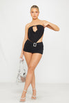 Black Mesh Cut Out Embellished Open Back Mini Dress
