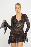 Black Sheer Lace Plunge Flared Sleeve Mini Dress