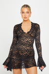 Black Sheer Lace Plunge Flared Sleeve Mini Dress