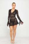 Black Sheer Lace Plunge Flared Sleeve Mini Dress