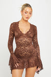 Brown Sheer Lace Plunge Flared Sleeve Mini Dress