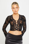 Black Sheer Floral Plunge Flared Sleeve Top